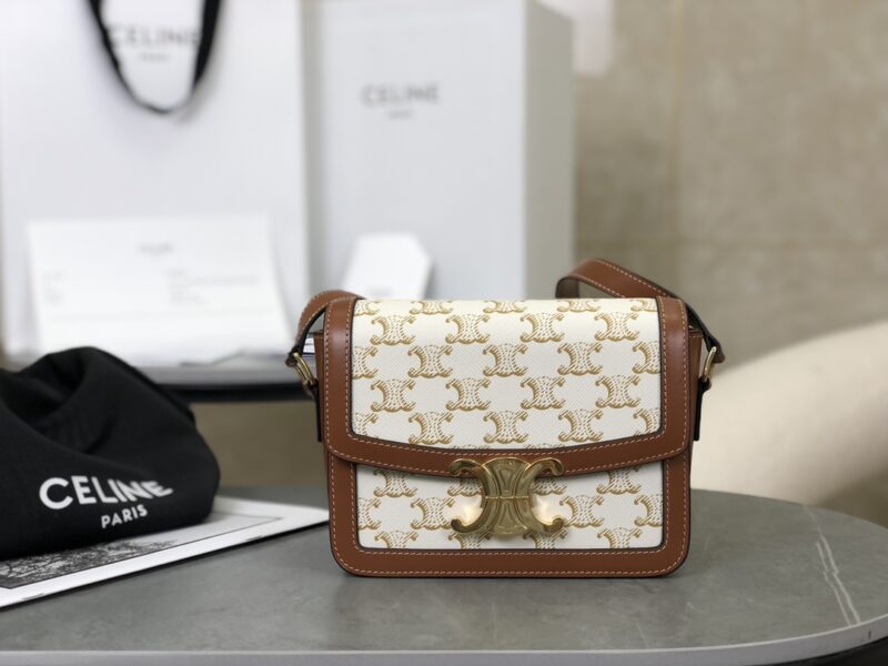 Replica Celine Teen Triomphe Bag in Triomphe Canvas and Calfskin White | Luxury Replica Celine Bags