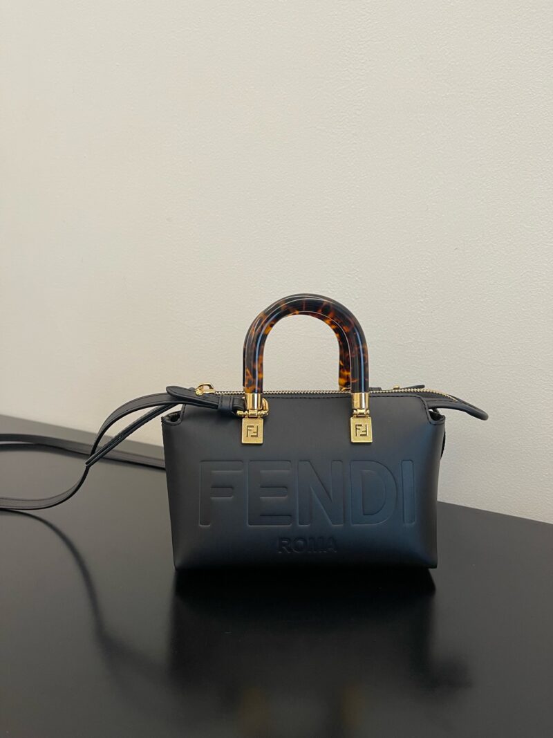 Replica Fendi By The Way Mini Small Boston Bag in dove black leather with a classic Boston silhouette and versatile carrying options.