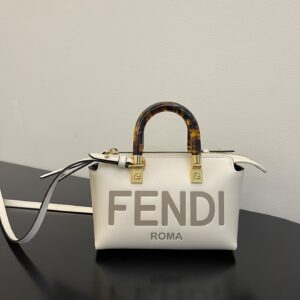 Replica Fendi By The Way Mini Small Boston Bag in dove white leather, featuring a chic and structured design with versatile carry options.