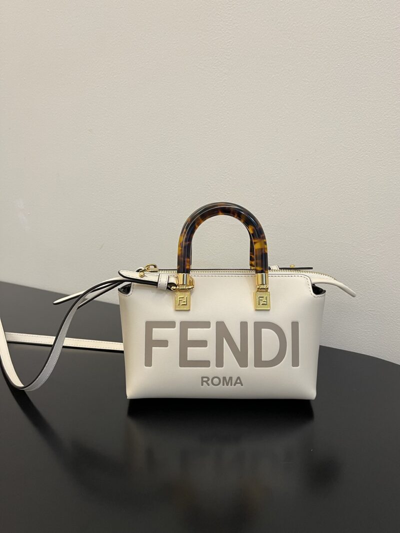 Replica Fendi By The Way Mini Small Boston Bag in dove white leather, featuring a chic and structured design with versatile carry options.