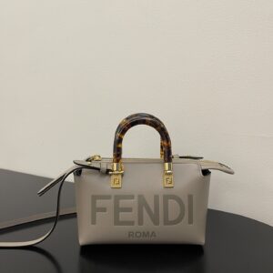 Fendi By The Way Mini Small Boston Bag in Dove Grey Leather, featuring a sleek design with top handles and adjustable shoulder strap.