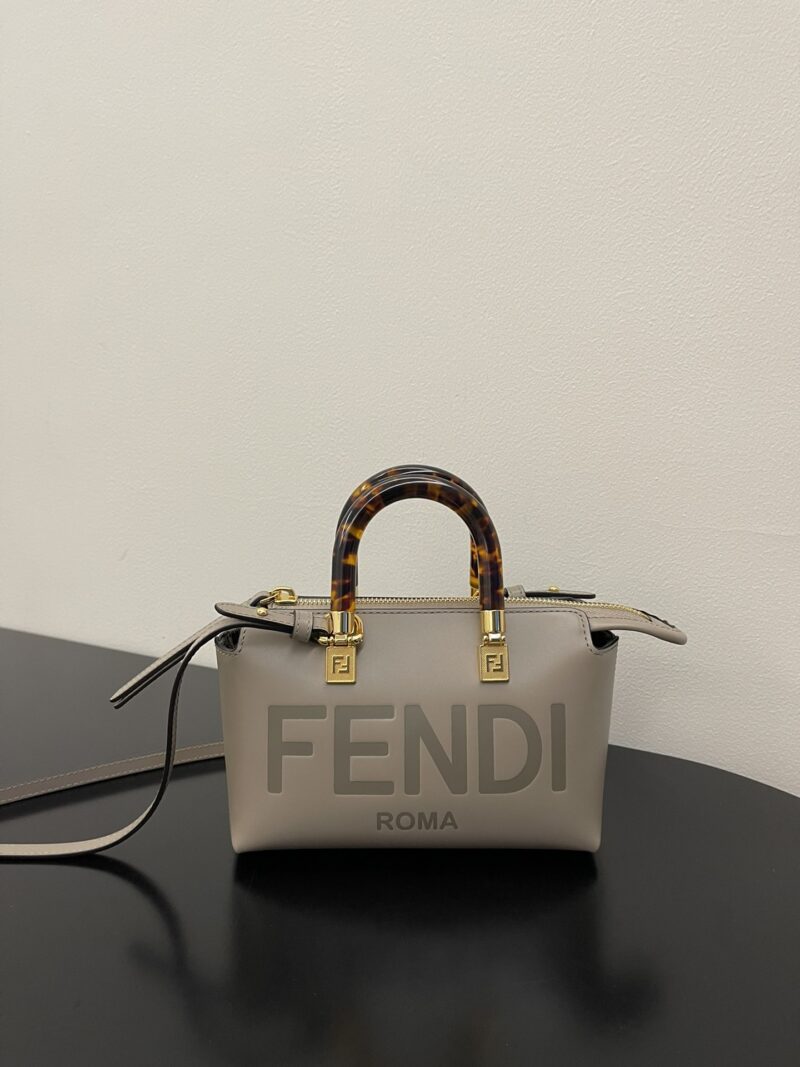 Fendi By The Way Mini Small Boston Bag in Dove Grey Leather, featuring a sleek design with top handles and adjustable shoulder strap.