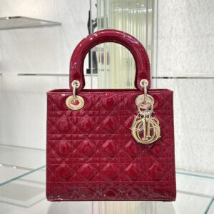 Replica Medium Lady Dior Bag in Cherry Red Patent Cannage Calfskin – Luxury Dior Handbag