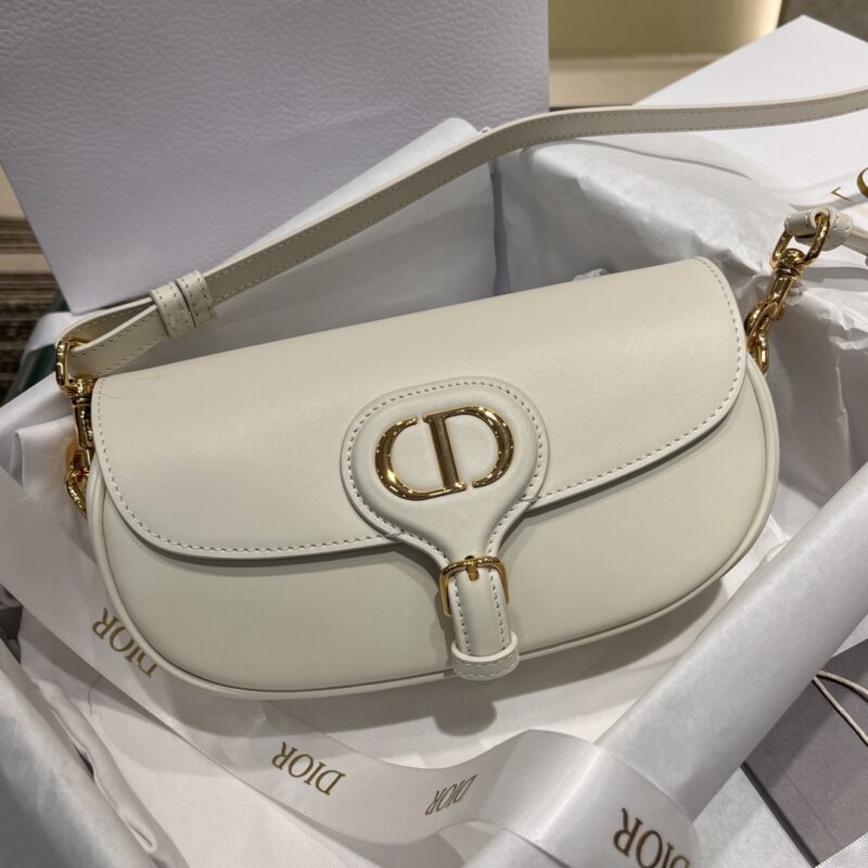 Replica Dior Bobby East-West Bag in White with gold-tone CD logo and adjustable shoulder strap.