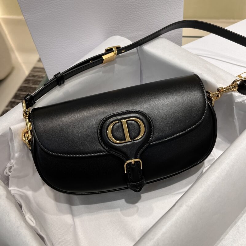 Replica Dior Bobby East-West Bag in Black with gold-tone CD logo and adjustable shoulder strap.