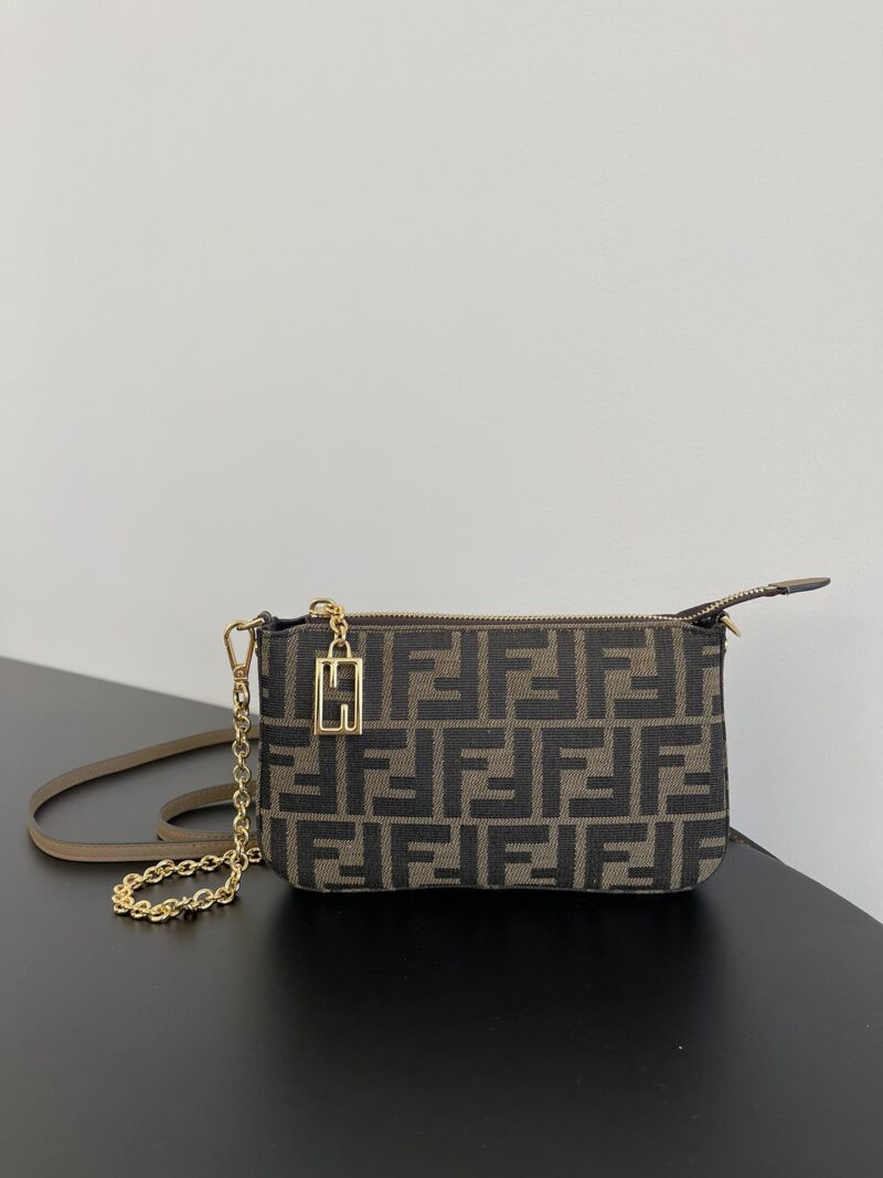 Replica Fendi Baguette Pouch Brown Jacquard FF Fabric Clutch with Chain – Luxury Replica Fendi Bags