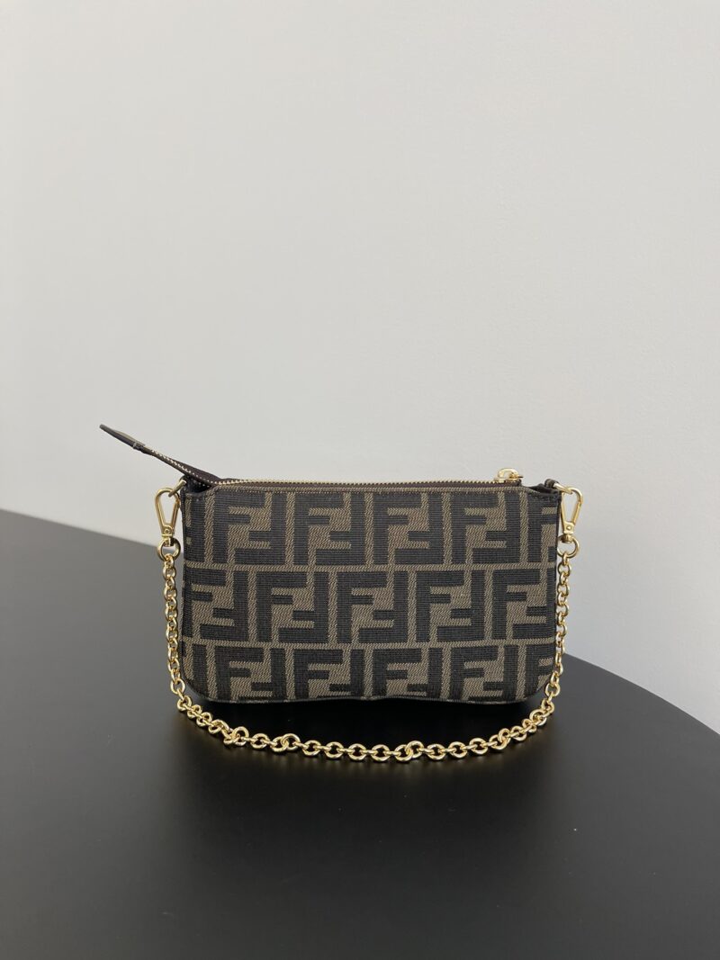 Baguette Pouch Brown jacquard FF fabric clutch with chain - Image 2