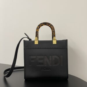 Replica Fendi Sunshine Small Black Calf Leather Bag with embossed logo and gold-tone hardware.