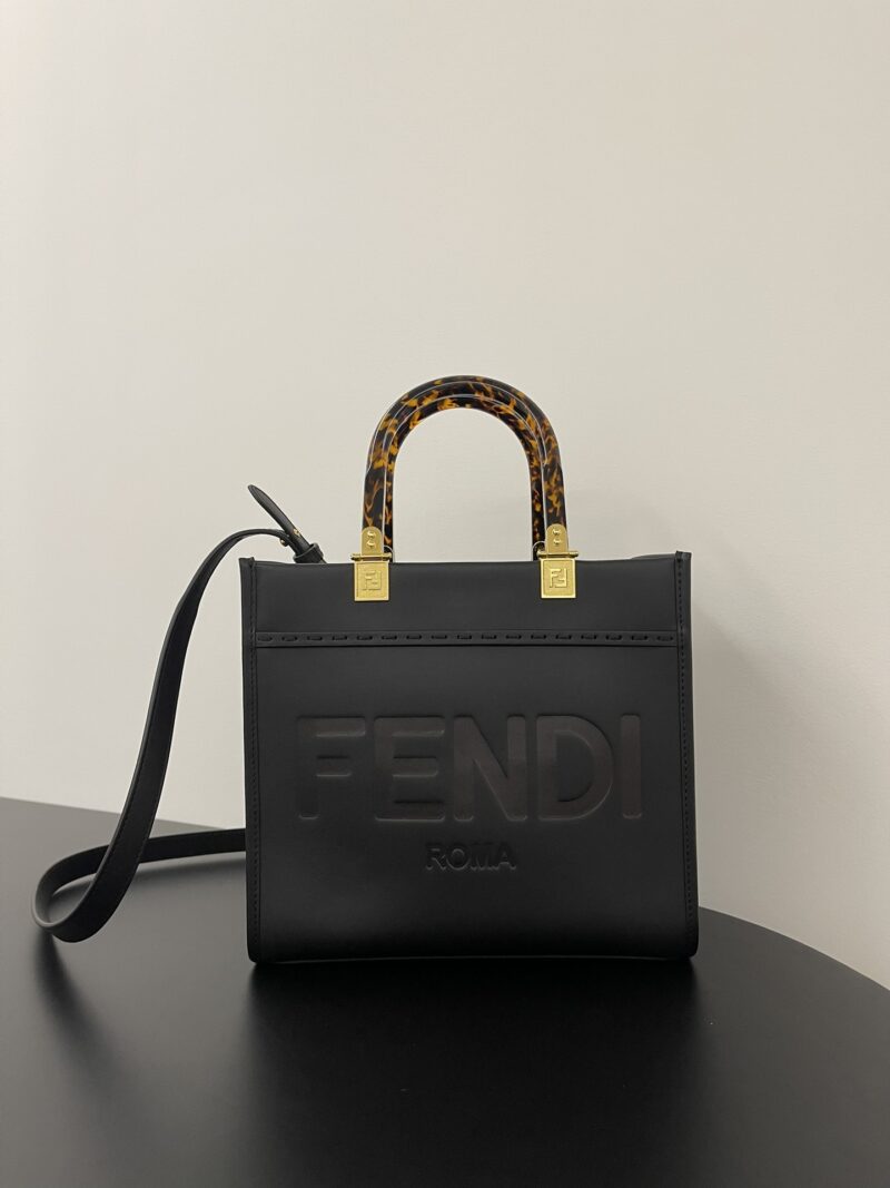 Replica Fendi Sunshine Small Black Calf Leather Bag with embossed logo and gold-tone hardware.