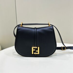 Replica Fendi C’mon Medium Shoulder Bag in Black with FF logo embossing and gold-tone hardware.