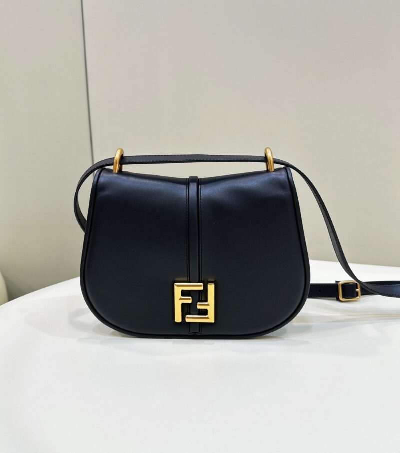 Replica Fendi C’mon Medium Shoulder Bag in Black with FF logo embossing and gold-tone hardware.