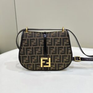 Replica Fendi C’mon FF Jacquard Medium Shoulder Bag with signature FF logo pattern and gold-tone hardware.