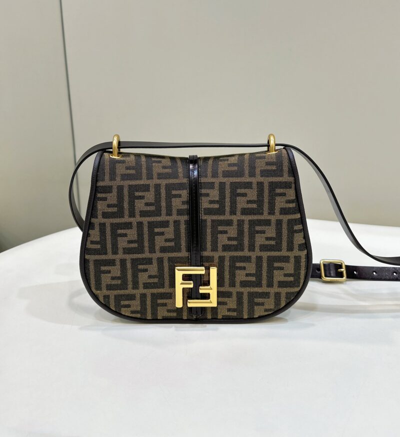 Replica Fendi C’mon FF Jacquard Medium Shoulder Bag with signature FF logo pattern and gold-tone hardware.