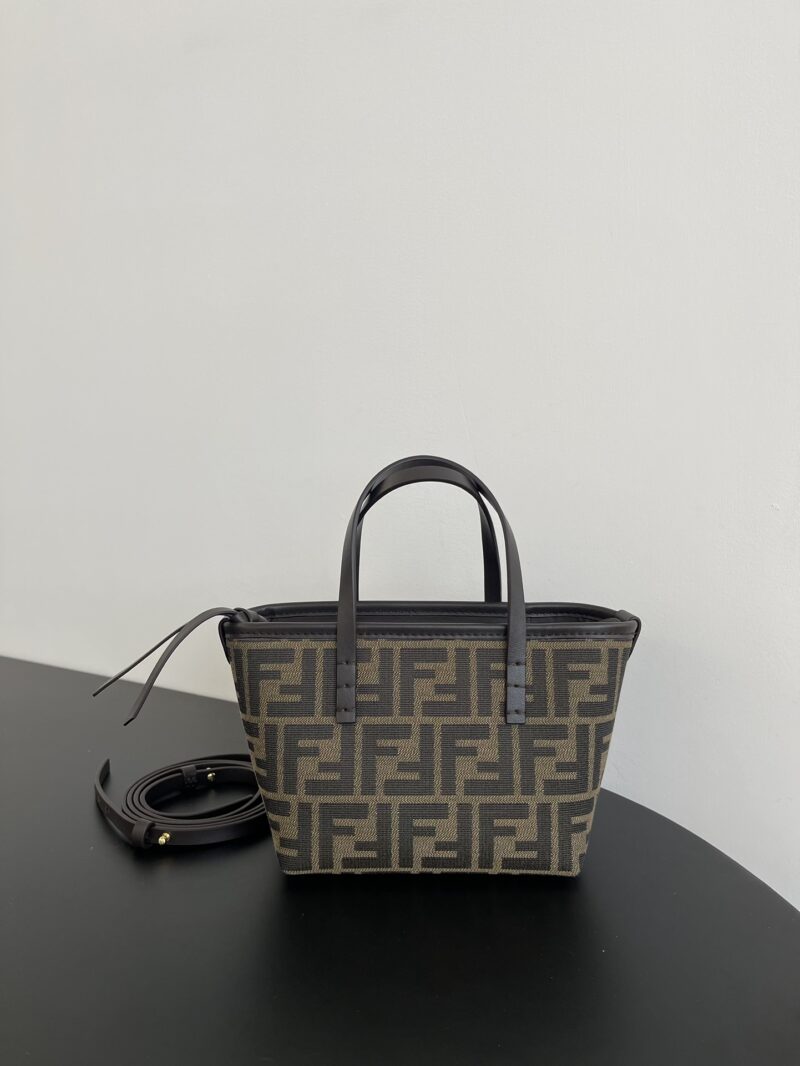 Replica Fendi Roll Mini Brown FF Jacquard Mini Bag with the iconic FF monogram in brown, showcasing a luxury design and versatile style.