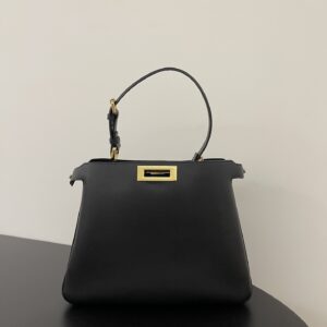 Replica Fendi Peekaboo Soft Medium Black Leather Bag with turn-lock closure and detachable strap.