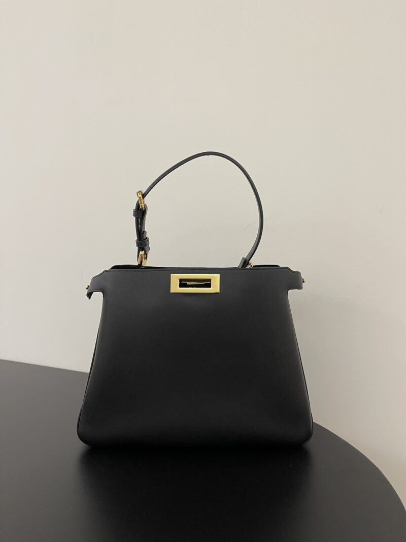 Replica Fendi Peekaboo Soft Medium Black Leather Bag with turn-lock closure and detachable strap.