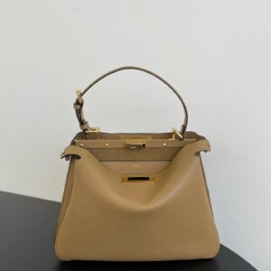 Replica Fendi Peekaboo Soft Medium Cappuccino Leather Bag with turn-lock closure and detachable strap.