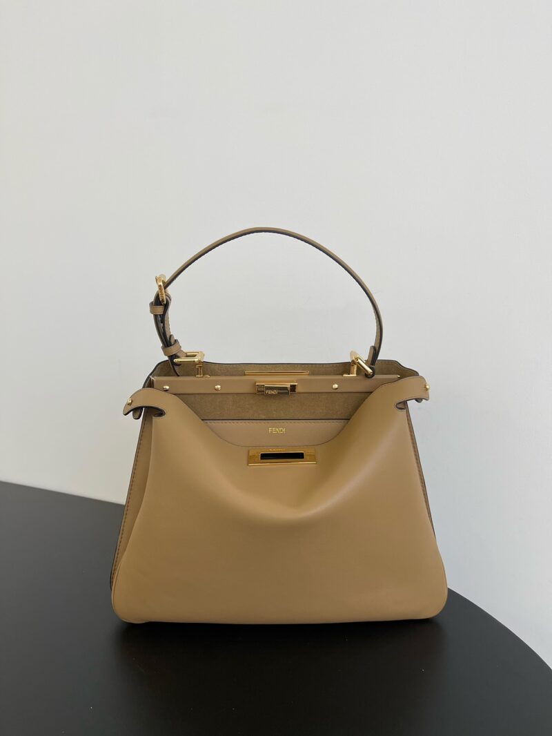 Replica Fendi Peekaboo Soft Medium Cappuccino Leather Bag with turn-lock closure and detachable strap.