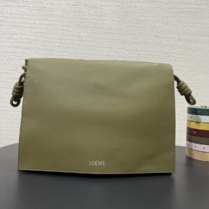 Replica Loewe Flamenco Satchel in Olive with premium leather and signature knot detail.