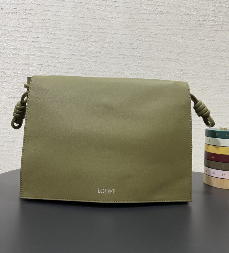 Replica Loewe Flamenco Satchel in Olive with premium leather and signature knot detail.