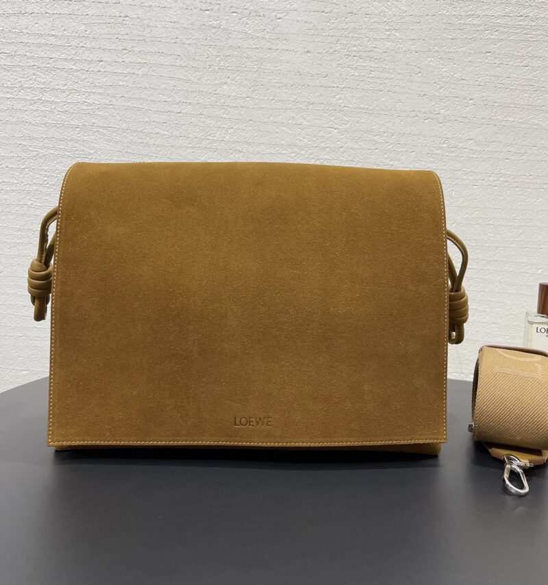 Replica Loewe Flamenco Satchel in Suede Calfskin Tobacco showcasing premium suede leather and iconic knot detail.