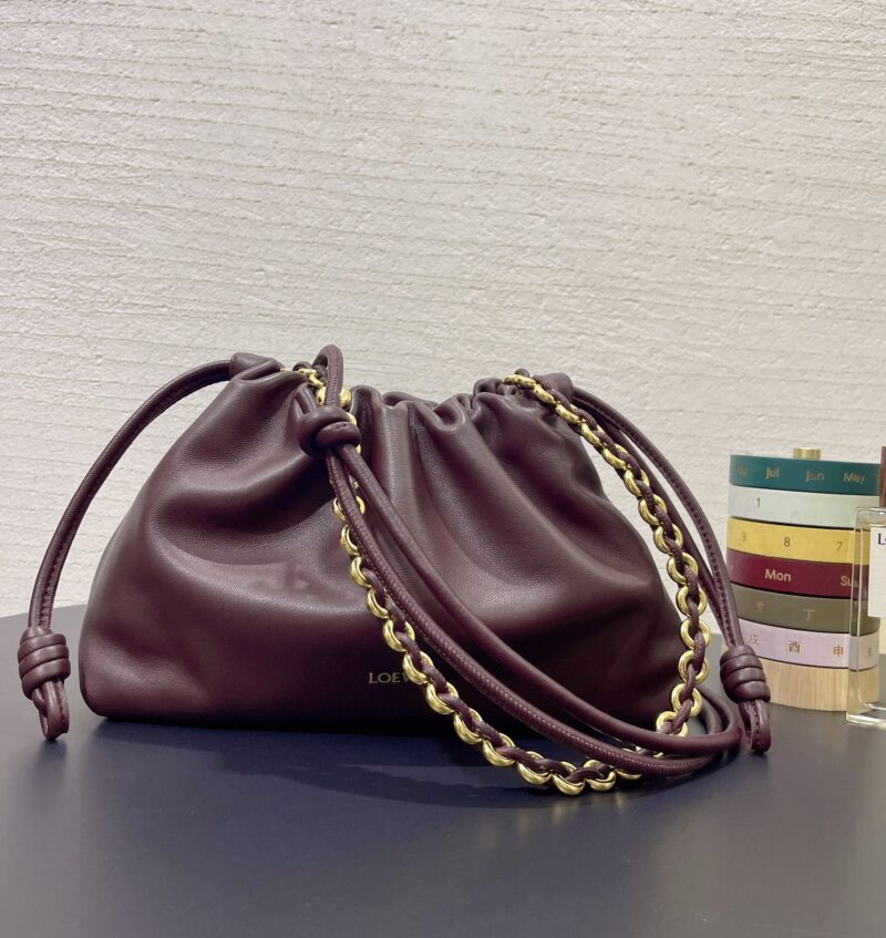 Replica Loewe Medium Flamenco Purse in Dark Burgundy showcasing signature knot detail and premium leather craftsmanship.