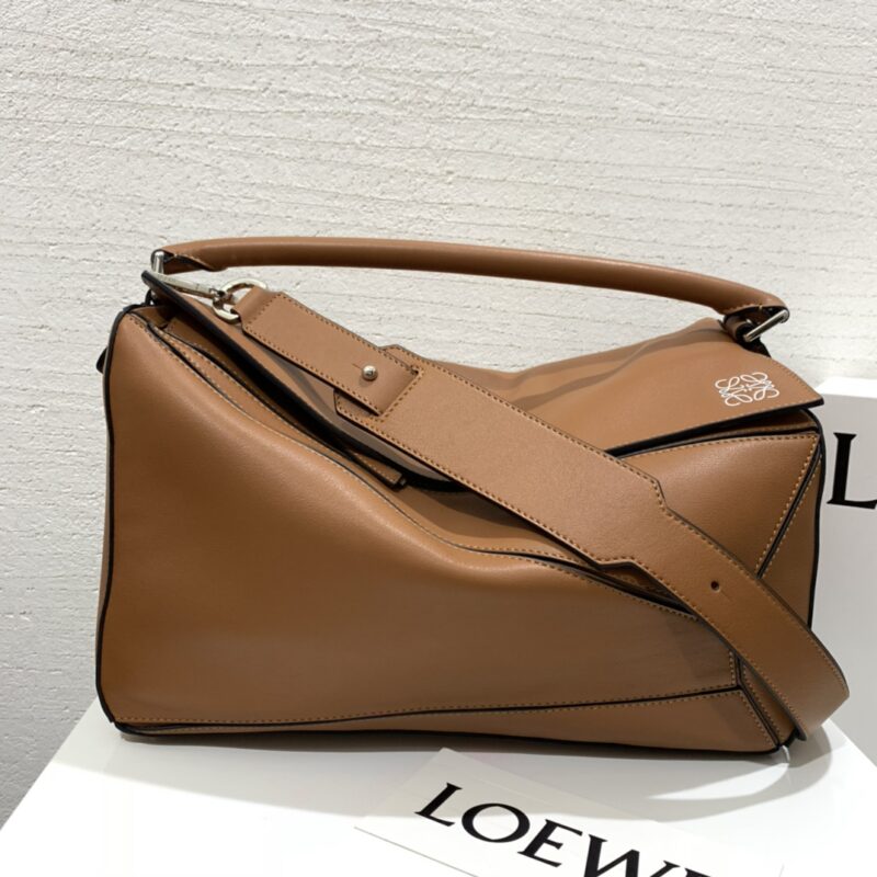 Replica Loewe Large Puzzle Bag in Brown, showcasing its geometric design and premium leather craftsmanship.