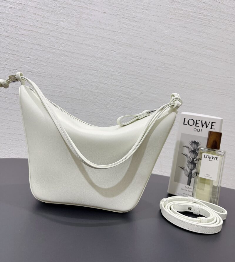 Replica Loewe Mini Hammock Hobo Bag in White with sleek leather design and versatile straps.