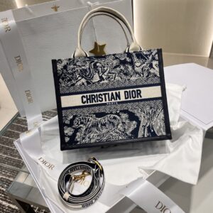 Replica Dior Small Book Tote White Navy Blue Toile de Jouy Sauvage Embroidery Navy Blue Calfskin Bag