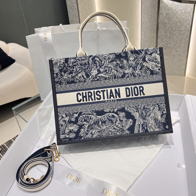 Replica Dior Medium Book Tote White Navy Blue Toile de Jouy Sauvage Embroidery Navy Blue Calfskin Bag