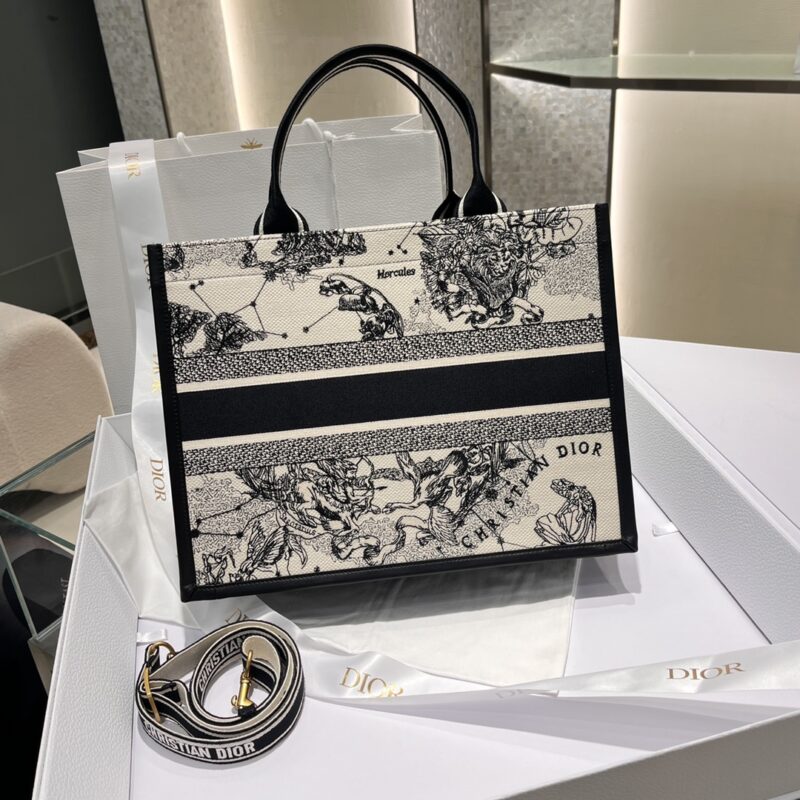 Medium Dior Book Tote Latte and Black Dior Zodiac Embroidery with Black Calfskin - Image 2