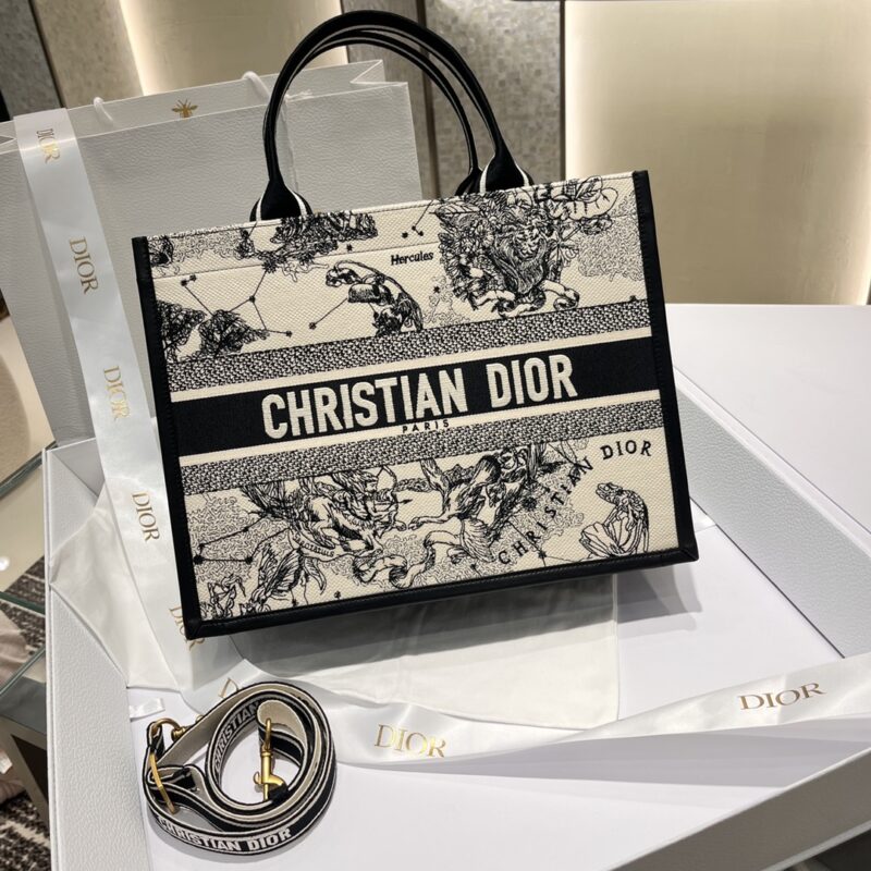 Replica Dior Medium Book Tote Latte Black Dior Zodiac Embroidery Black Calfskin Bag