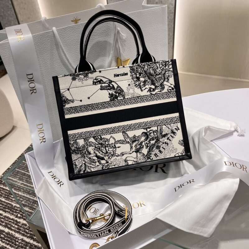 Small Dior Book Tote Latte and Black Dior Zodiac Embroidery with Black Calfskin - Image 3