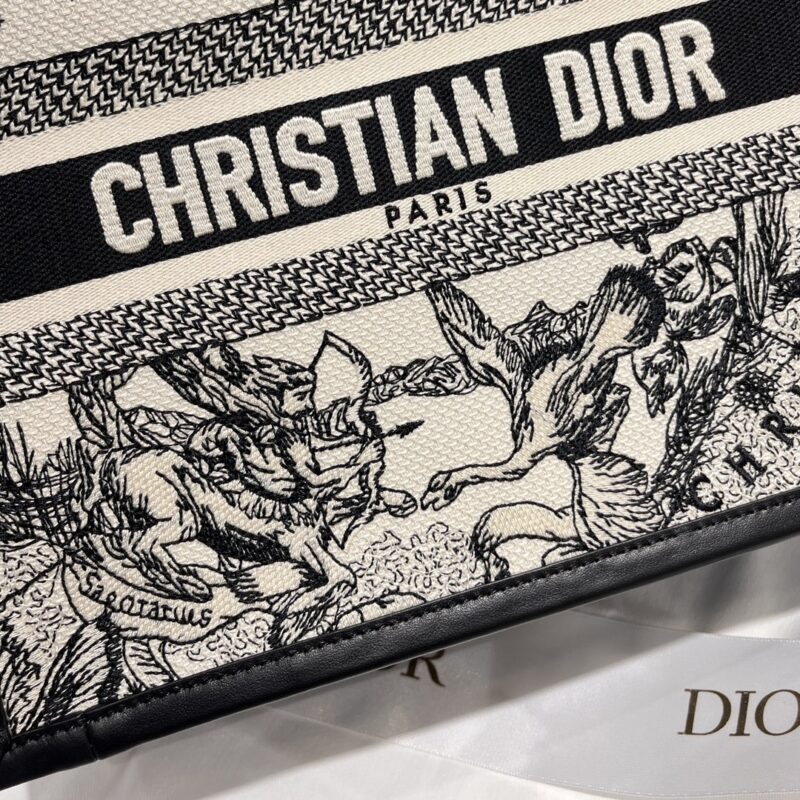 Small Dior Book Tote Latte and Black Dior Zodiac Embroidery with Black Calfskin - Image 8