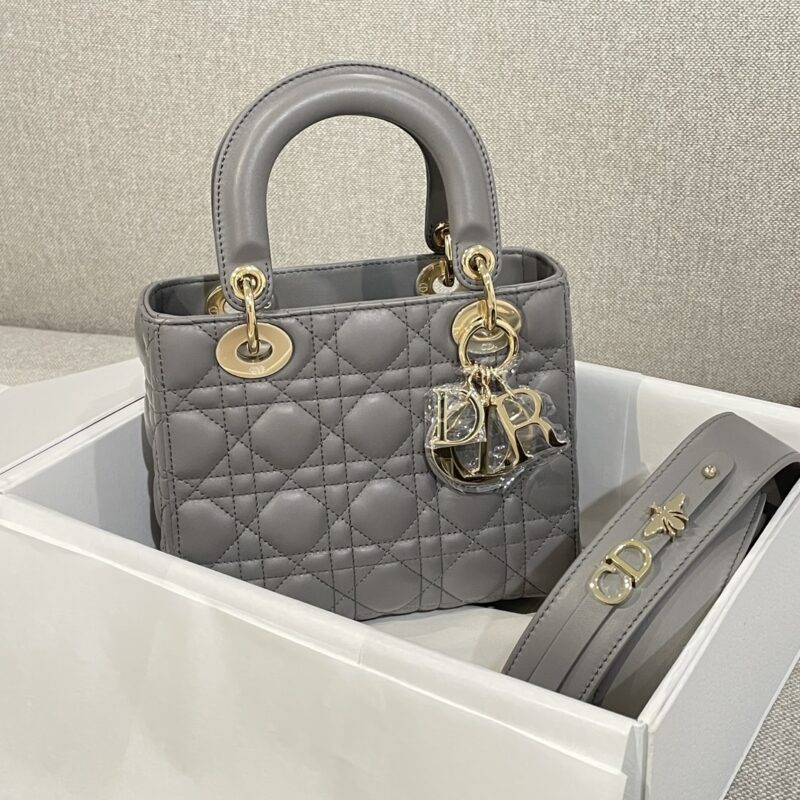 Small Lady Dior My ABCDior Bag Stone Gray Cannage Lambskin - Image 11