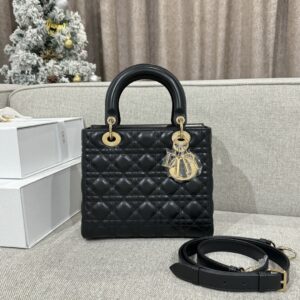 Replica Medium Lady Dior Bag in Black Cannage Lambskin – Luxury Dior Handbag