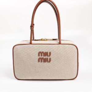 Replica Miu Miu Leather-Trim Canvas Tote Bag – Durable Canvas with Leather Trims and Iconic Miu Miu Branding