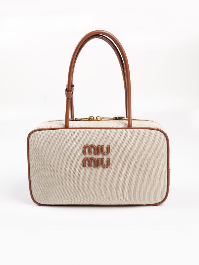 Replica Miu Miu Leather-Trim Canvas Tote Bag – Durable Canvas with Leather Trims and Iconic Miu Miu Branding