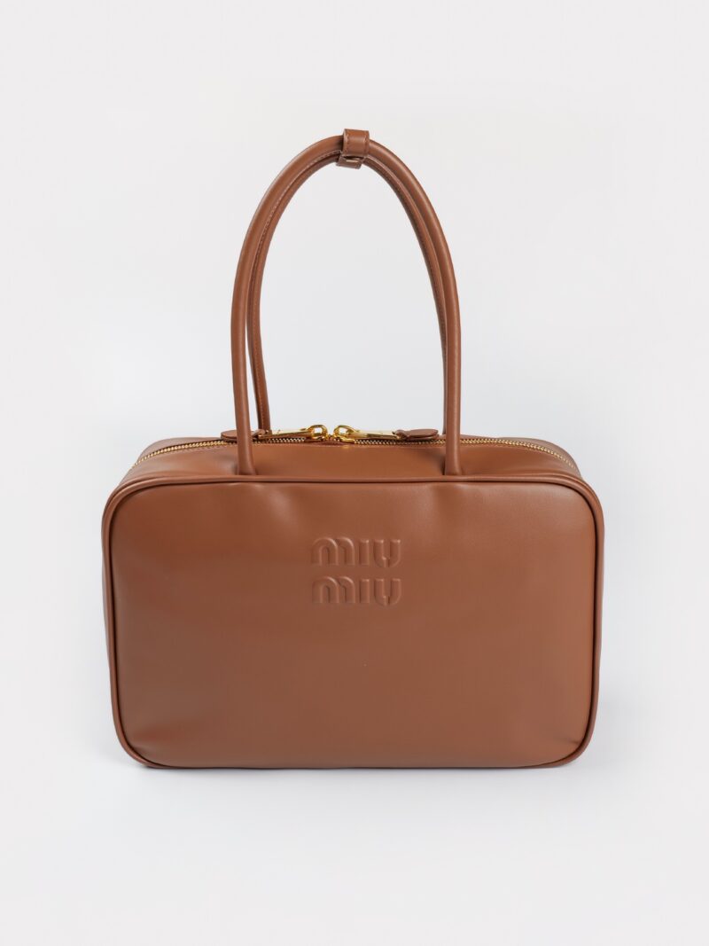 Replica Miu Miu Leather Beau Bag in Cognac – Elegant Leather Design with Gold Hardware and Iconic Miu Miu Branding