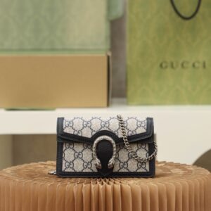 Replica Gucci Dionysus Super Mini Bag Beige and Blue – GG Supreme Canvas with Tiger Head Closure and Chain Strap