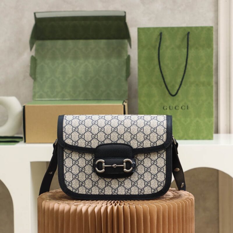 Replica Gucci Horsebit 1955 Soft Small Shoulder Bag Beige and Dark Brown – GG Supreme Canvas with Horsebit Hardware