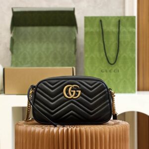 Replica Gucci GG Marmont Small Shoulder Bag Black – Chevron-Quilted Leather with GG Hardware