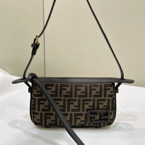 Replica Fendi Simply Mini Bag Brown FF Jacquard Fabric with iconic FF logo, gold-tone hardware, and compact design for a chic, luxurious look.