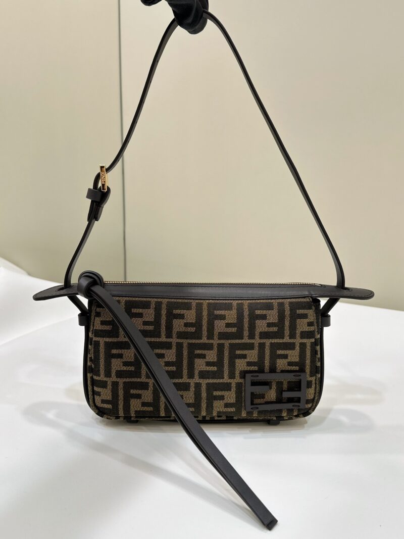 Replica Fendi Simply Mini Bag Brown FF Jacquard Fabric with iconic FF logo, gold-tone hardware, and compact design for a chic, luxurious look.