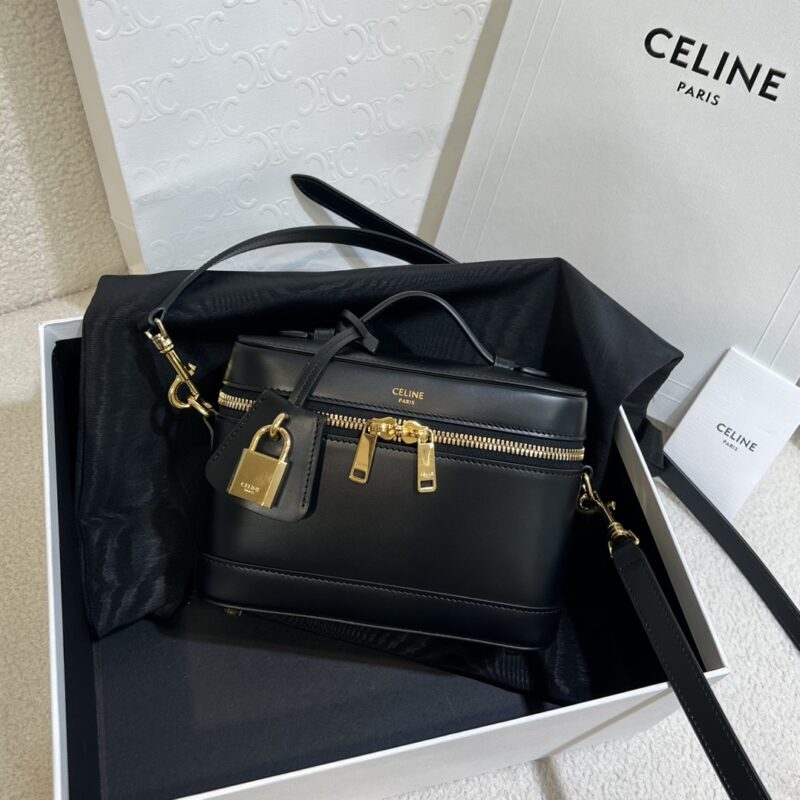 Replica Celine Vanity in Natural Calfskin Black with structured design, smooth leather finish, top handle, and detachable shoulder strap.