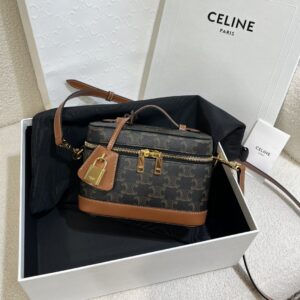 Replica Celine Vanity in Triomphe Canvas and Calfskin with structured silhouette, top handle, and detachable shoulder strap.