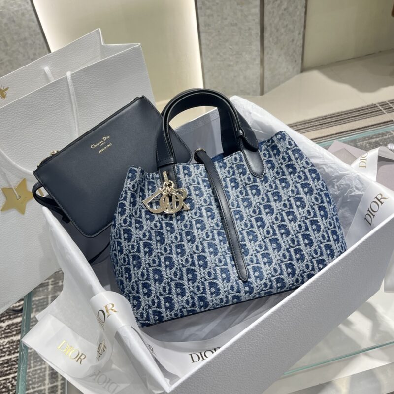 Replica Medium Dior Toujours Bag Blue Denim Dior Oblique Jacquard Front View